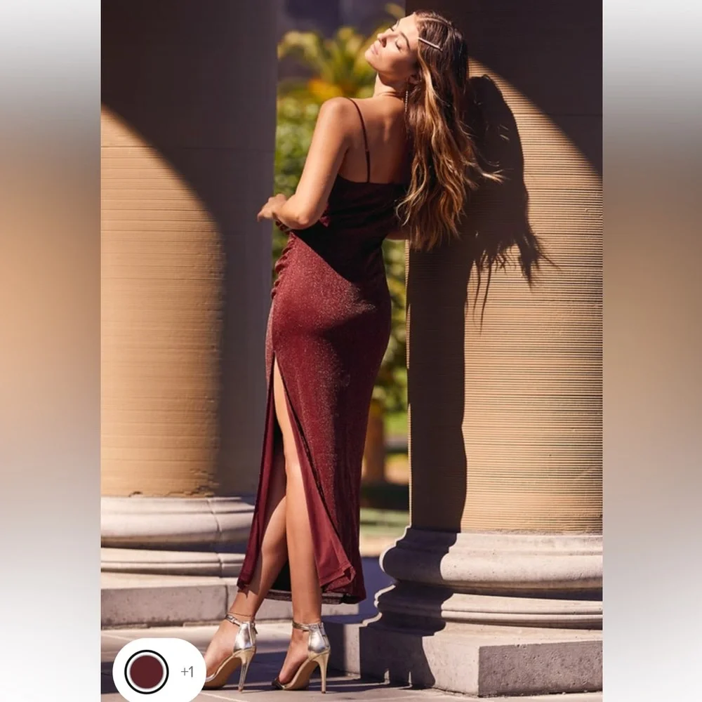 NWT Lulus Next Please Gold and Burgundy Cowl Neck Bodycon Dress - Picture 4 of 15